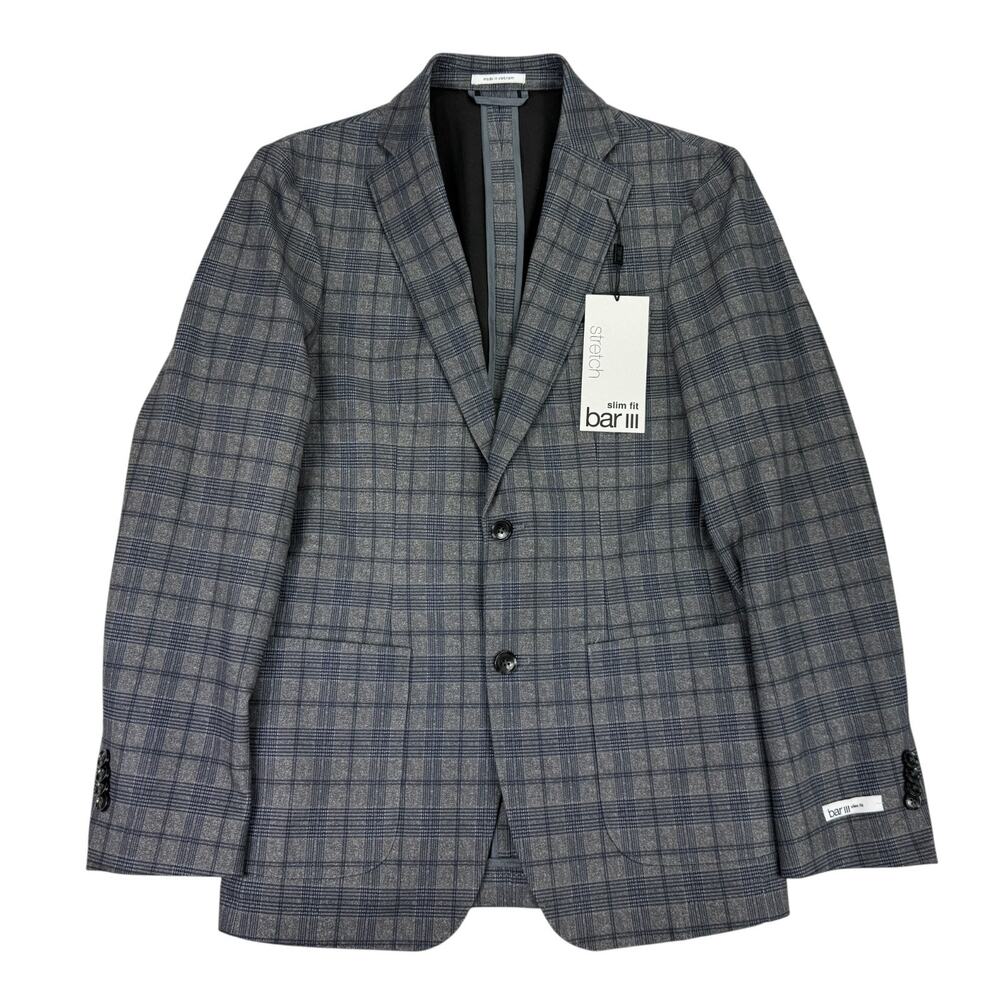 Bar III Mens Slim Fit Knit Plaid Stretch Sport Coat Gray Navy Blue 36R